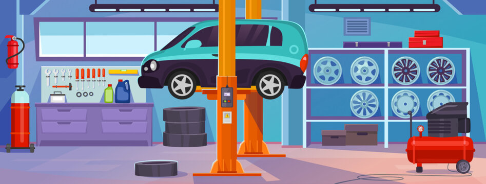 Wall Mural - Car repair shop interior design with tools and equipment. Auto service background with a car under inspection. Check engine and tire pressure and run diagnostics. Cartoon style vector illustration.