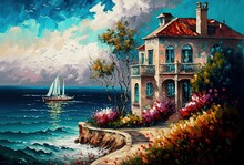 Oil Painting Style Beautiful Illustration Coastal Seascape With Nobody