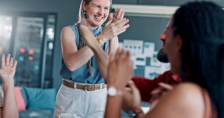 Canvas Print - Success, teamwork and business people high five in meeting after ideas, planning goals and strategy. Collaboration, support and group of employees applause, cheer and celebration in corporate office