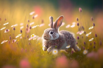 Poster -  a rabbit is running through a field of flowers and daisies in the sunlight, with a blurry background of grass and flowers, and a yellow sky with a few pink and white flowers.
