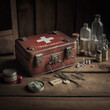 First aid kit with medicines on wood.