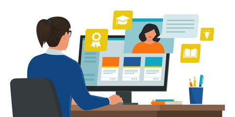 E-learning: student taking online classes on her computer