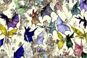 Canvas Print -  a group of people with many different colored wings on a white background with a pattern of people and flowers on the bottom half of the image, and a third half of the image of the.