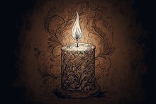  A Candle With A Flame On A Brown Background With A Floral Design Around It And A Dark Background With A Pattern On The Wall Behind It And A Brown Background With A Light Bulb On.