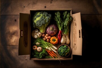 Poster -  a box of vegetables is open on a table top with a wooden floor and a wooden table top with a wooden table and a box of vegetables is open on the floor and a wooden.