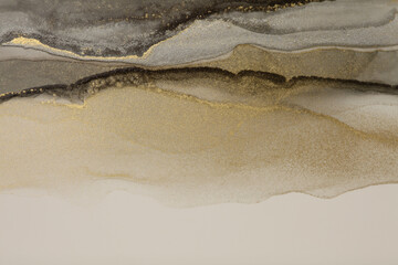 Wall Mural - art abstract watercolor and alcohol ink flow blot painting. brown, beige color with gold glitter. ca