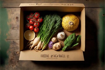 Poster -  a box of fresh vegetables on a wooden table with a green background and a yellow umbrella on top of it, with a green leafy plant and a yellow umbrella on top of the.