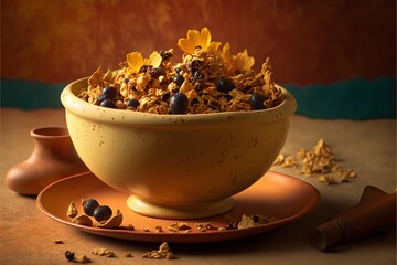  a bowl of cereal with blueberries and cereal flakes on a plate with a knife and spoon next to it and a bottle of milk in the background with a spoon and a spoon.