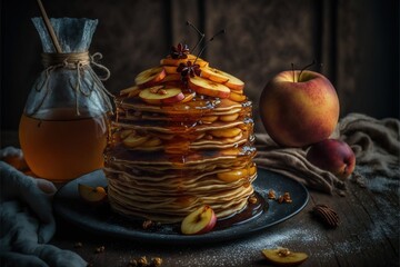 Poster -  a stack of pancakes with apples and honey on a plate next to a glass jug of honey and a glass of apple cider on a tablecloth with a cloth and a cloth on.