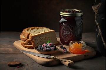 Poster -  a loaf of bread, jam, and berries on a cutting board with a knife and a jar of jelly on a table top of a wooden board with a knife and a spoon and a spoon.