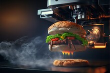  A Hamburger Being Made With A 3d Printer Machine In A Factory Or Factory Room With Smoke Coming Out Of The Buns And The Burger Being Made Into A Bun With A Large Amount Of. Generative AI