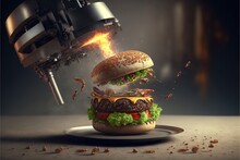  A Hamburger Being Made With A Machine To Make It Into A Burger With Bacon And Lettuce On It, With A Fire Coming Out Of The Top Of It, And A Burner.