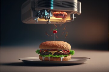  a hamburger on a plate with a machine in the background that is producing hamburgers for the burger king logo on it's buns and the buns are being cooked in the air.