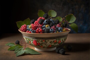 Poster -  a bowl of berries and raspberries on a table with leaves and berries in it on a table top with a dark background and a green leafy plant in the center of the bowl.