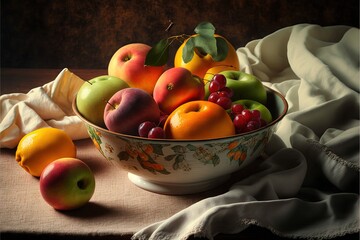 Poster -  a bowl of fruit is sitting on a table with a cloth and a cloth on the tablecloth is next to it and a pair of apples and a banana are on the table cloth.