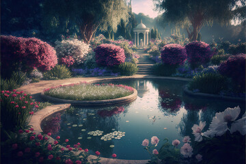Wall Mural - a beautiful secret fairytale garden with flower arches and beautiful tropical forest with colorful v