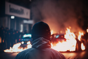 Wall Mural - Concept riot of people vs government. Aggressive man without face in hood against backdrop of protests and burning cars. Generation AI