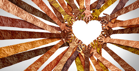 Poster - Black Culture Love and Black History month awareness as diverse hands shaped as a heart for united diversity or multi-cultural partnership in a group of multicultural people.