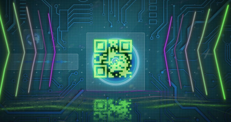 Poster - Image of qr code over circles with arrows against circuit board pattern and globe
