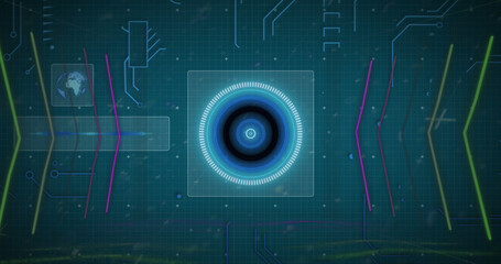 Poster - Image of qr code over circles with arrows against circuit board pattern and globe