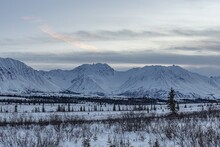 Snowy Mountain Landscape At Palmer Hay Flats And Knit River In Anchorage, Alaska