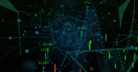 Poster - Security padlock shield icon over network of connections against financial market data processing