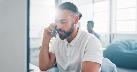 Poster - Businessman, annoyed or phone call communication in modern office, digital marketing or advertising startup. Talking, stress or frustrated worker on mobile technology, logo design 404 or negotiation