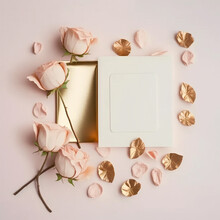 Pink Roses With Card And Gold Details. Flatlay Design With Copy Space. Generative AI.