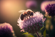 A Close Up Of A Honey Bee On Purple Clover In Beautiful Golden Sunlight. Generative AI Illustration