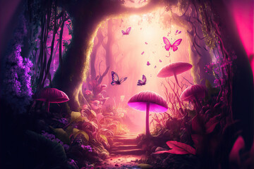 Wall Mural - beautiful fairytale enchanted forest in lilac twilight with giant trees, mushrooms, luminous insects