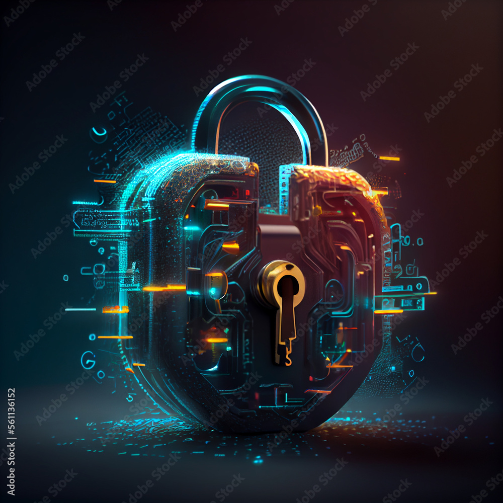 Cyber Security Padlock. Padlock symbol, holograms and glyphs, blue and ...