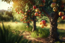 A Fruit Orchard Bursting With A Variety Of Ripe, Colorful Fruits. AI Assisted Image