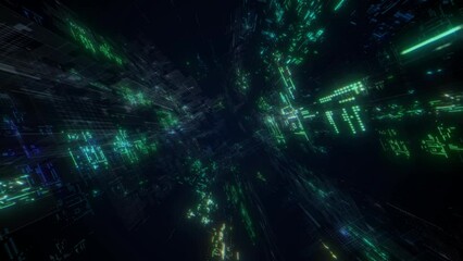 Wall Mural - Flying movement at digital space sci fi tunnel with hi tech information 