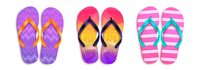 Fototapete - Summer flip flop vector set. Slipper footwear elements with stripes and leaves in colorful design. Vector illustration summer collection. 
