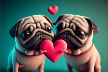 Cute Valentines Day Card With Cartoon Pug Dogs Kissing Characters. Generative AI