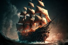 Pirate Ship Destroyed In Flames After Battle At Sea. Digital Illustration. AI