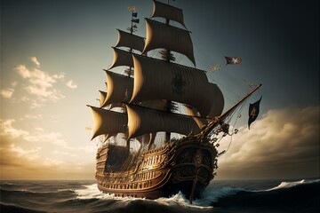 Wall Mural - Landscape with pirate ship at sea, horizon in background. AI digital illustration