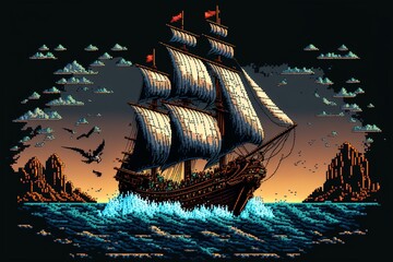 Wall Mural - Landscape with pirate ship at sea, horizon in background, pixel art style. AI digital illustration