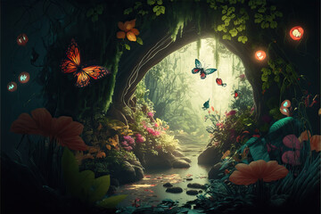 Wall Mural - a beautiful fairy tale enchanted forest with big trees, tropical vegetation and many colorful insect