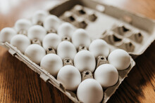 Close Up Of Open Carton Of Fresh Store Bought White Eggs