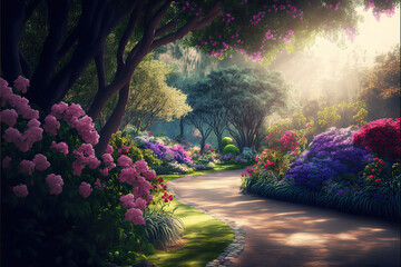 Fototapete - A beautiful fairy tale enchanted forest with big trees, tropical vegetation and many colorful insects