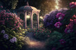 A beautiful secret fairytale garden with flower arches and colorful greenery. Digital Painting Background, Illustration