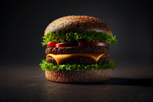 Juicy Burger On A Dark Background, Created By Ai