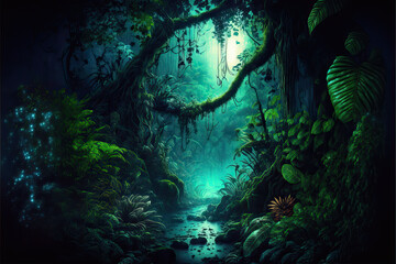Wall Mural - A beautiful fairytale enchanted forest with big trees and great vegetation. Digital painting background