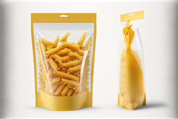 Pasta bag made of transparent plastic, isolated on white. collection of packaging mockup templates. include clipping Path. Upright frontal view. a Penne Rigate form. Generative AI