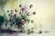Bouquet of roses in disarray in a vase watercolor, Generative AI