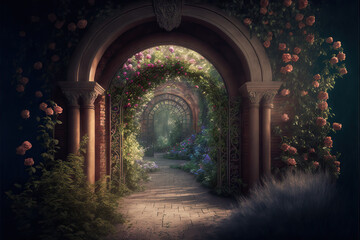 Wall Mural - a beautiful secret fairytale garden with flower arches and beautiful tropical forest with colorful v