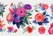Flower Bouquet Set Watercolor Pieces Of Artwork Design. Spring And Summer Flower Nature In Style Of Hand Drawn Watercolor. Digital Art . Generative AI