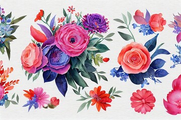 Wall Mural - Flower bouquet set watercolor pieces of artwork design. Spring and summer flower nature in style of hand drawn watercolor. Digital art . Generative AI