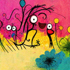 Wall Mural - Happy childhood cartoon doodle illustration with bright colors